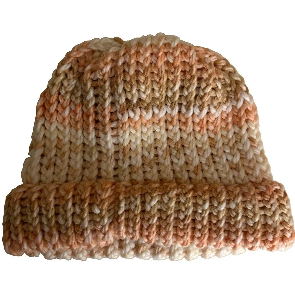 Handmade Knit Beanie Hat Pink White Brown Winter Warm Cozy